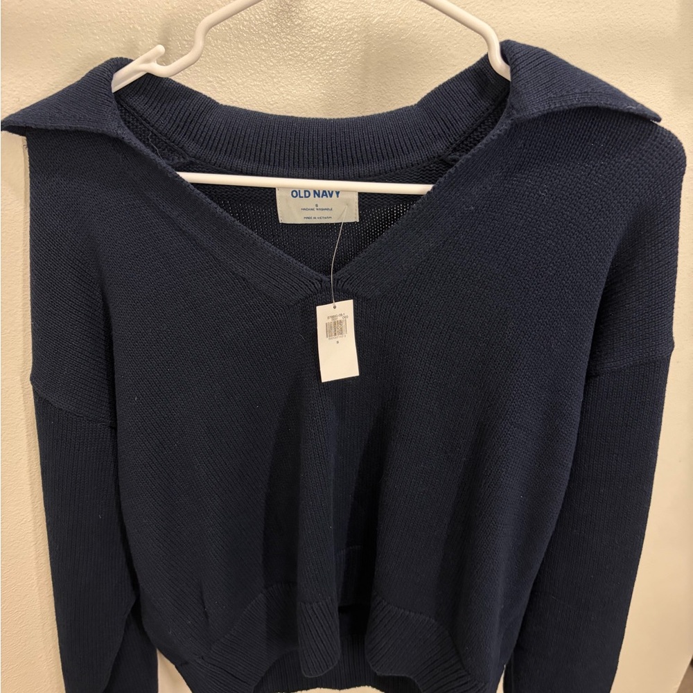 Old Navy 100% Cotton Navy V-Neck Collared Women's Sweater